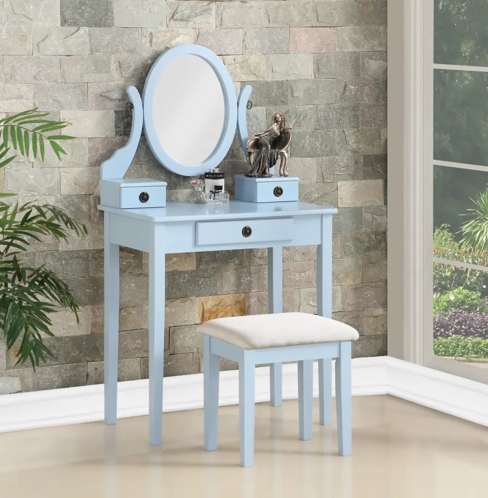 Moniys Wood Moniya Makeup Vanity Table and Stool Set Blue Wooden Dressing Table hz