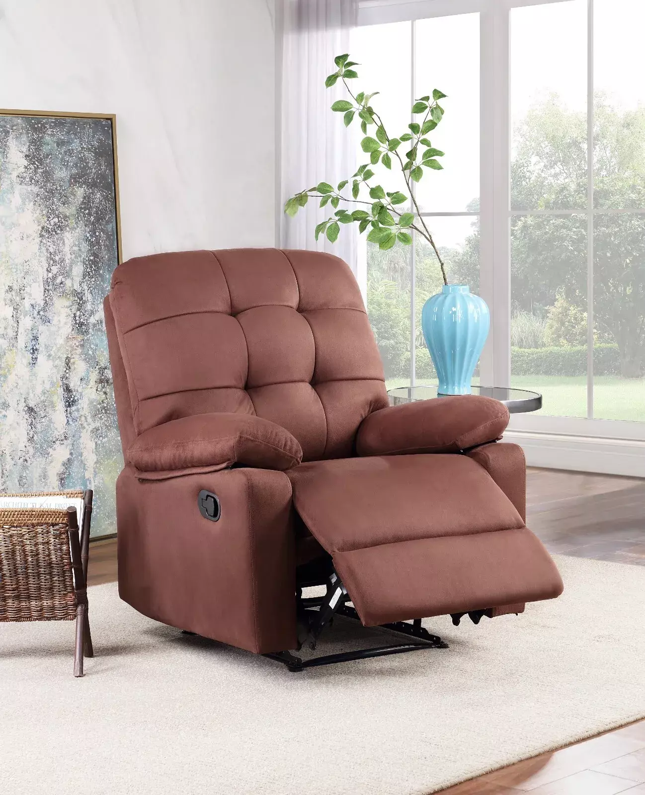 1pc Chocolate Microfiber Manual Reclining Chair Tufted Back and Plush Armrest Esofastore