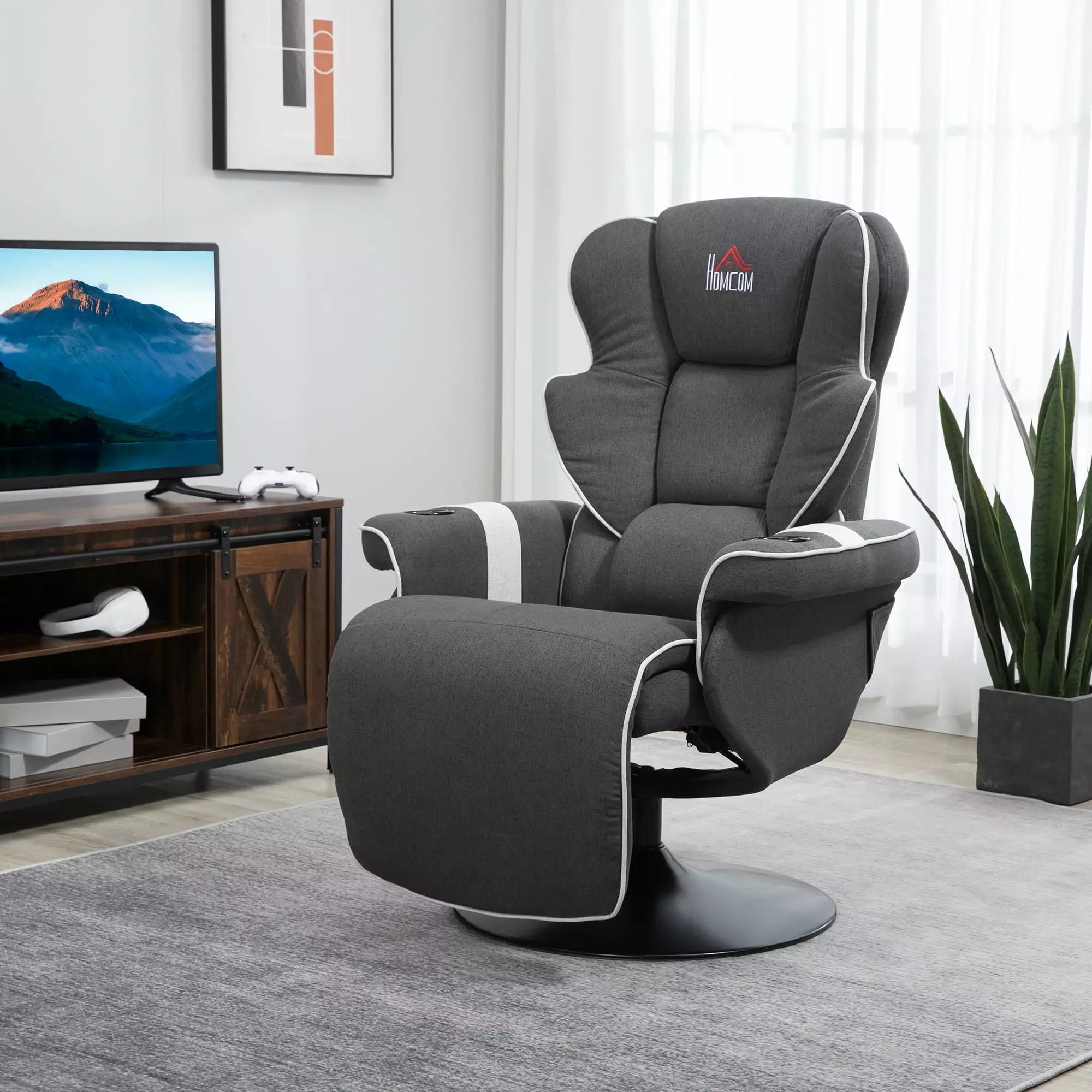 HOMCOM Manual Recliner Swivel Lounge Armchair Footrest and Cup Holders Black Living Room Chair