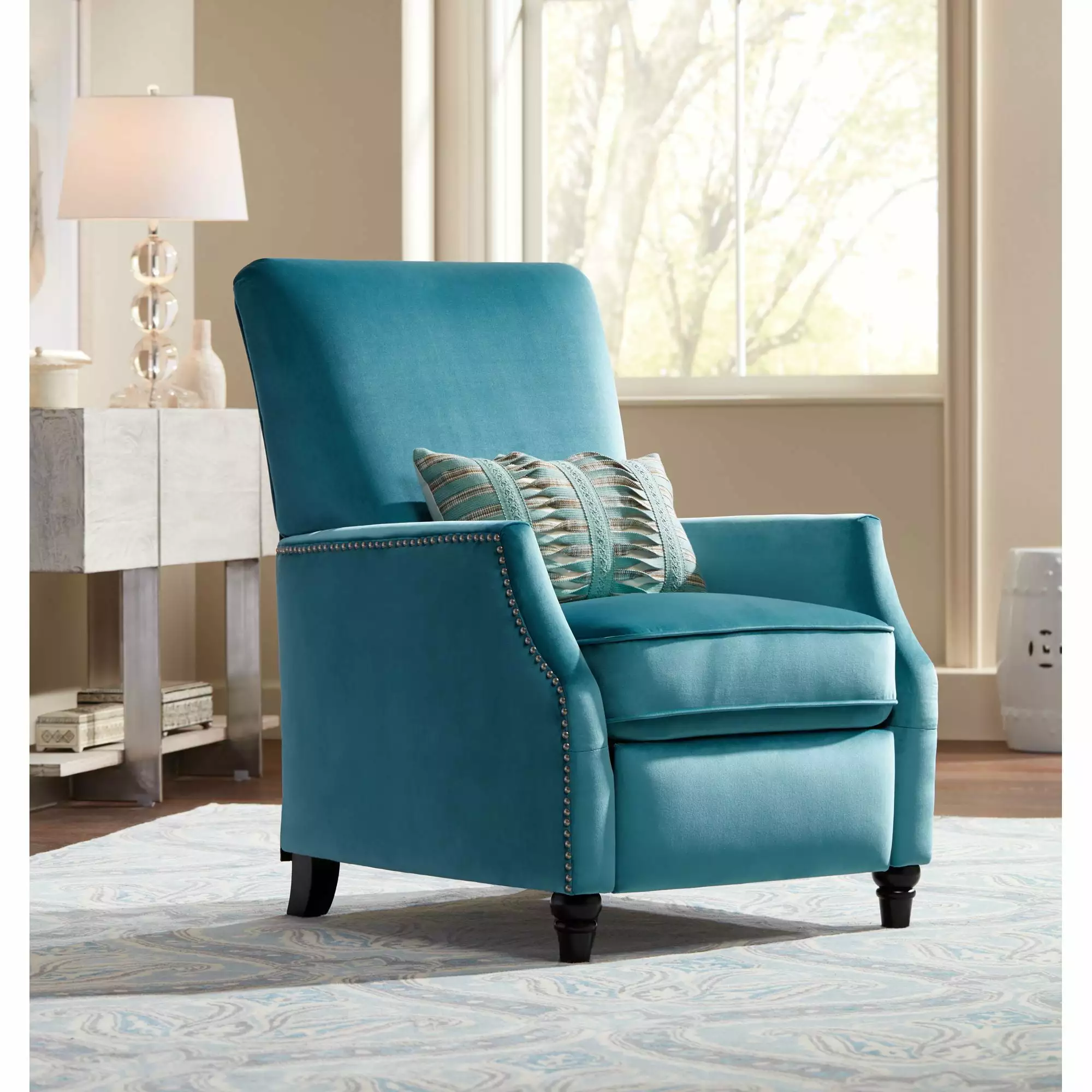 Studio 55D Katy Turquoise Recliner Chair Modern Push Manual Reclining Footrest Pewter Nailhead Living Room Bedroom