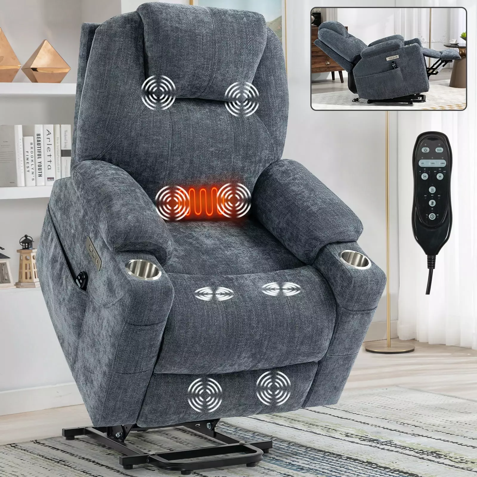 Okin Power Lift Recliner Chair 350 LBS Capacity 8-Point Massage Lumbar Heating USB Type-C Ports Blue SHNHYF