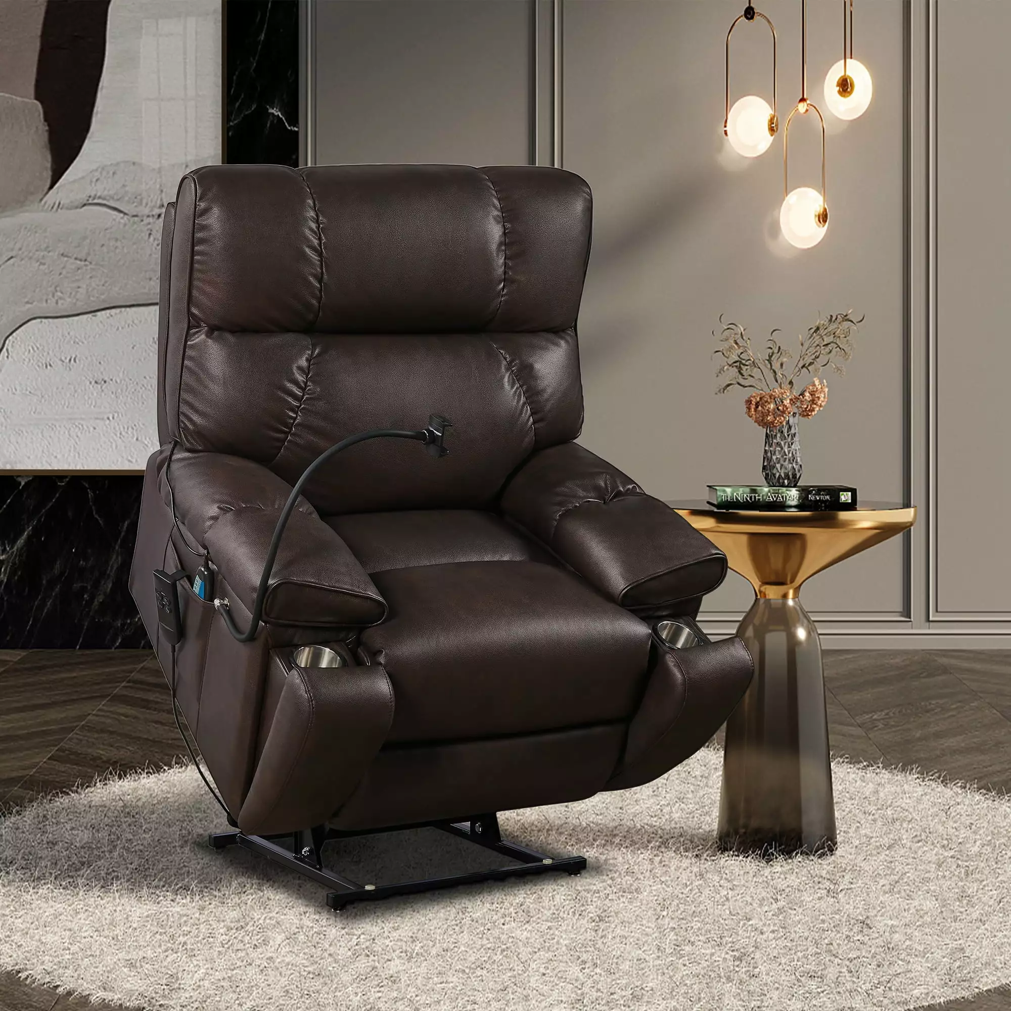 Electric Power Lift Recliner Chair Phone Holder 2 Motors Massage Heat Elderly 3 Positions Side Pockets Cup Holders ANTFURN