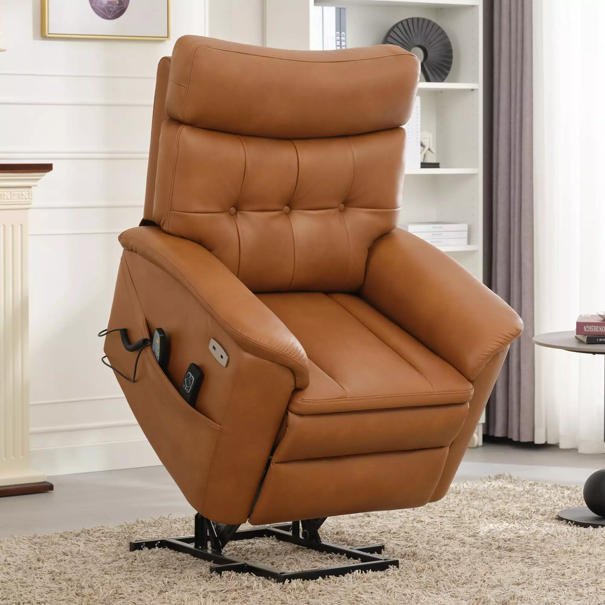 DeeHome Dual Motor Power Lift Recliner Chair Elderly Massage Heat and USB Type C Ports Caramel Medium