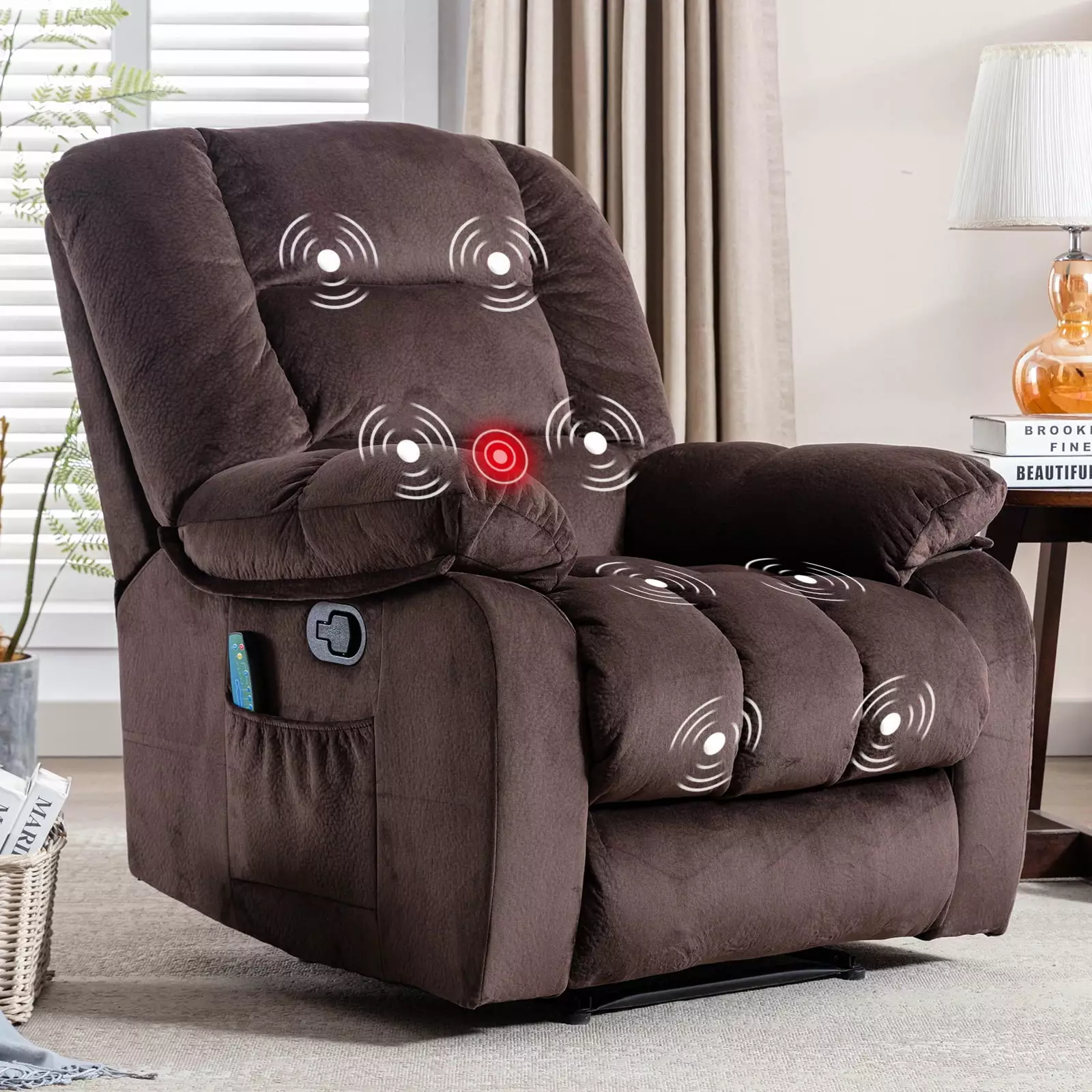 DeeHome Overstuffed Massage Recliner Chair Heat and Vibration Soft Fabric Manual Recliner