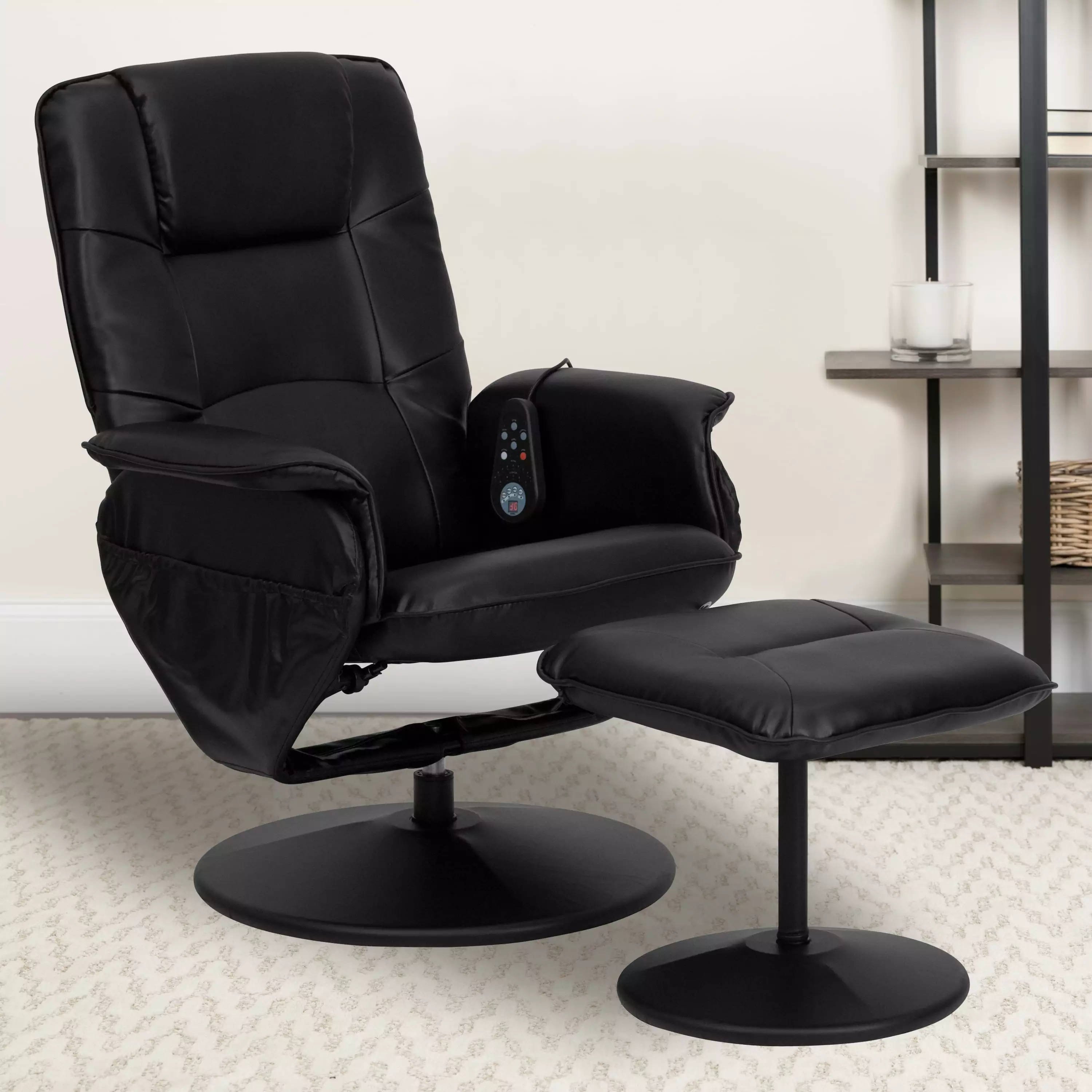Emma + Oliver Black LeatherSoft Adjustable Massage Recliner Ottoman