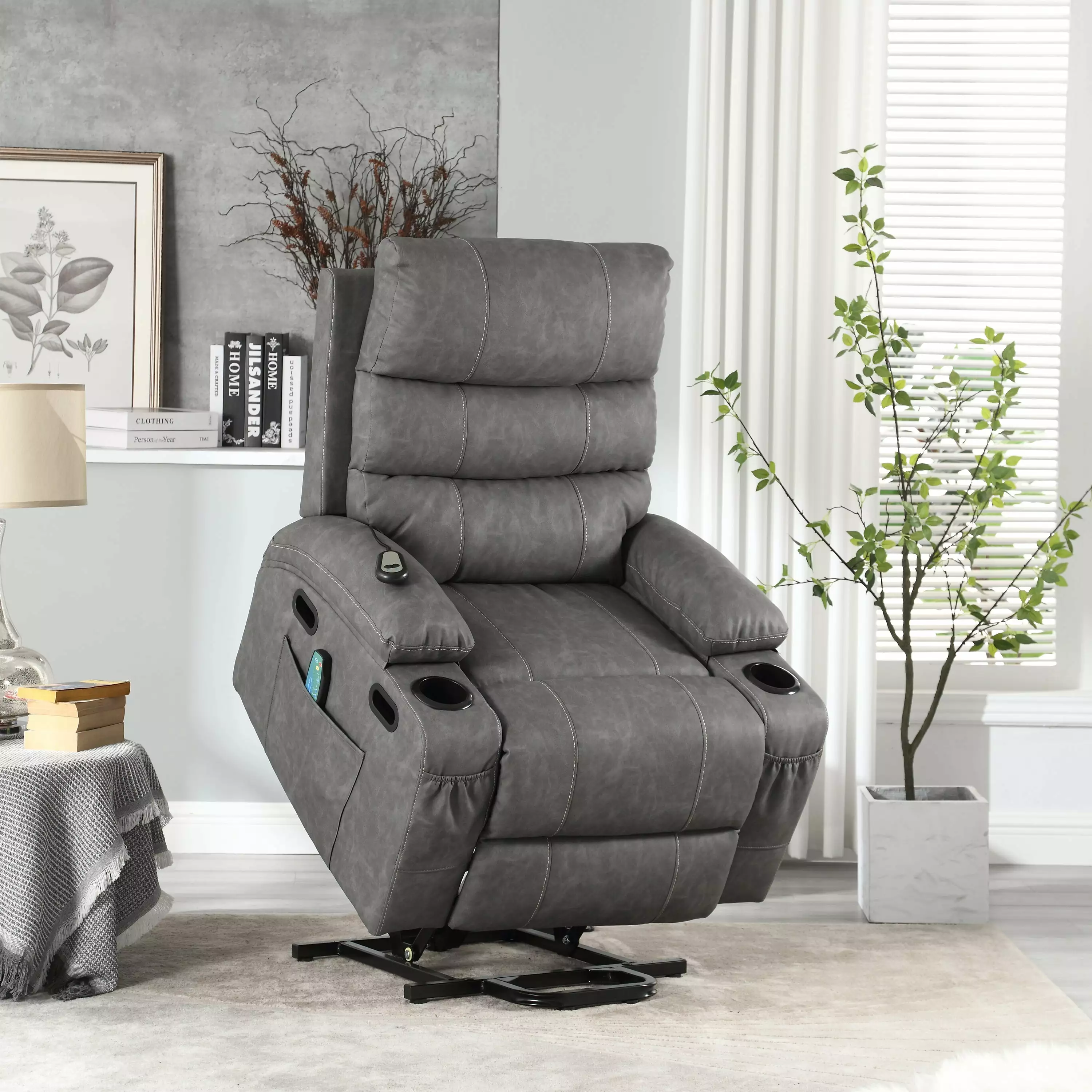 Elias Large Power Lift Recliner Chair Massage Gray Go Green Woods