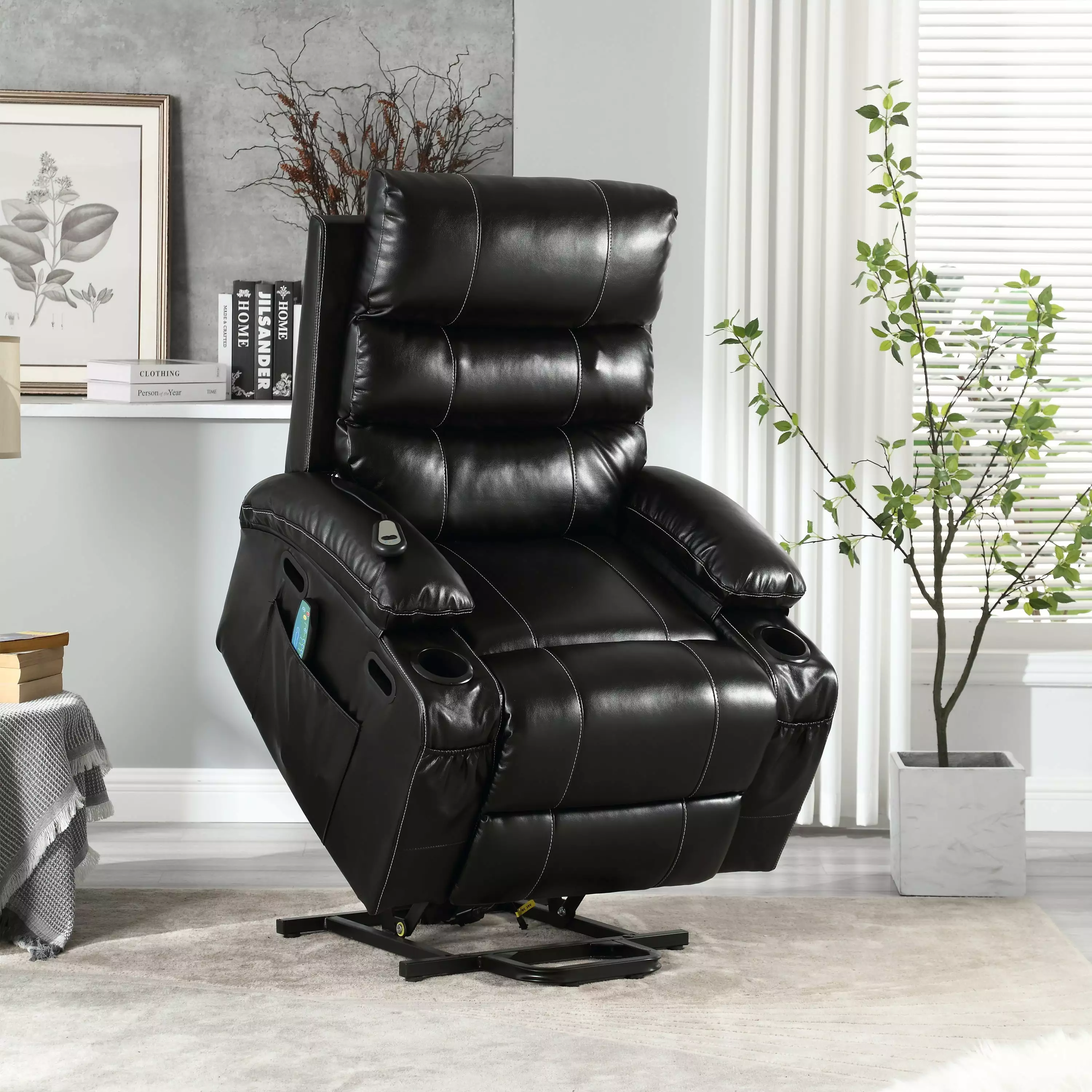 Elias Large Power Lift Recliner Chair Massage Black Go Green Woods