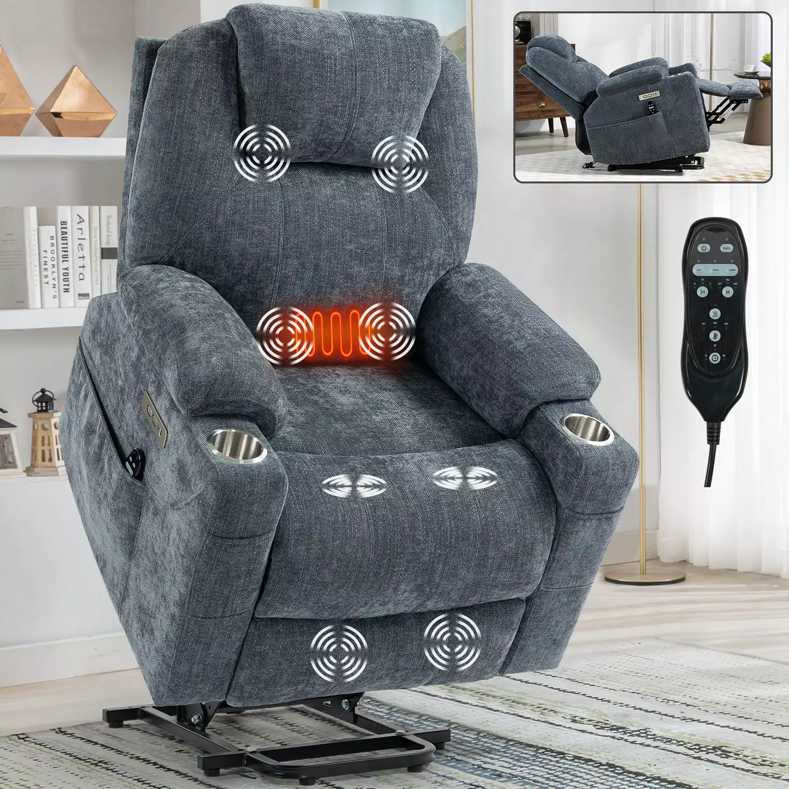 Okin Power Lift Chenille Recliner Massage and Heat Blue Go Green Woods