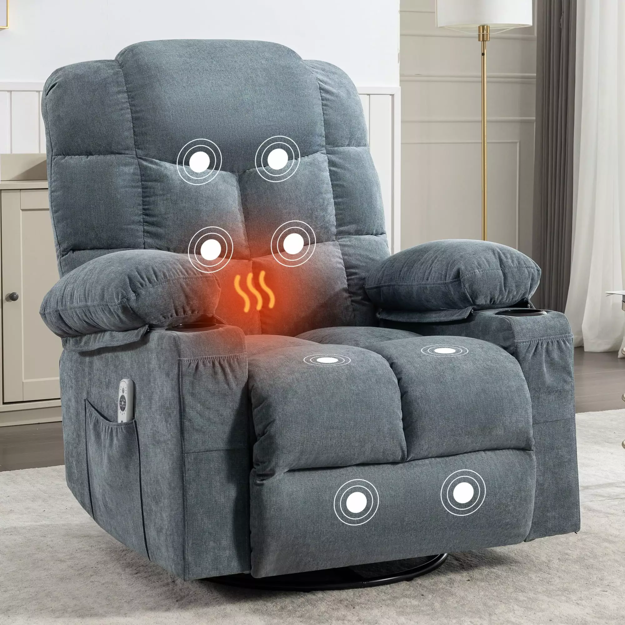 Blue Oversized Massage Rocker Recliner Chair USB Port and Cup Holders Jamini