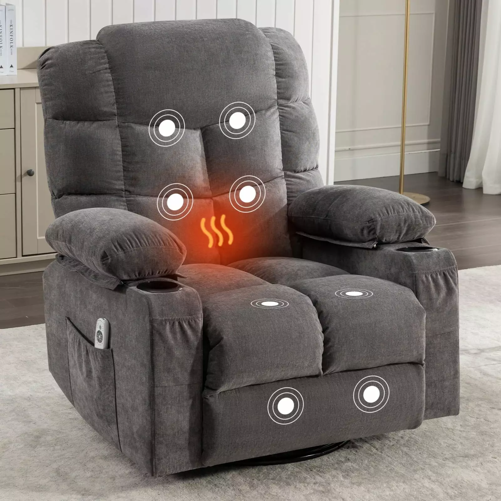 Miekor Furniture Massage Rocker Recliner Chair Adults Oversized 2 Cup Holders and USB Charge Port Grey
