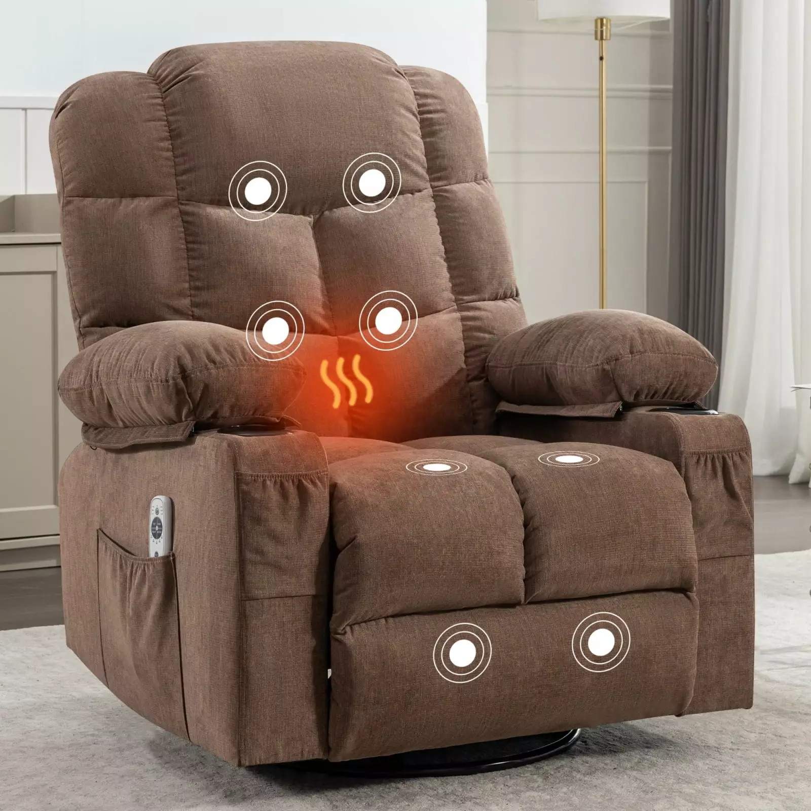 Miekor Furniture Massage Rocker Recliner Chair Adults Oversized 2 Cup Holders and USB Charge Port Brown