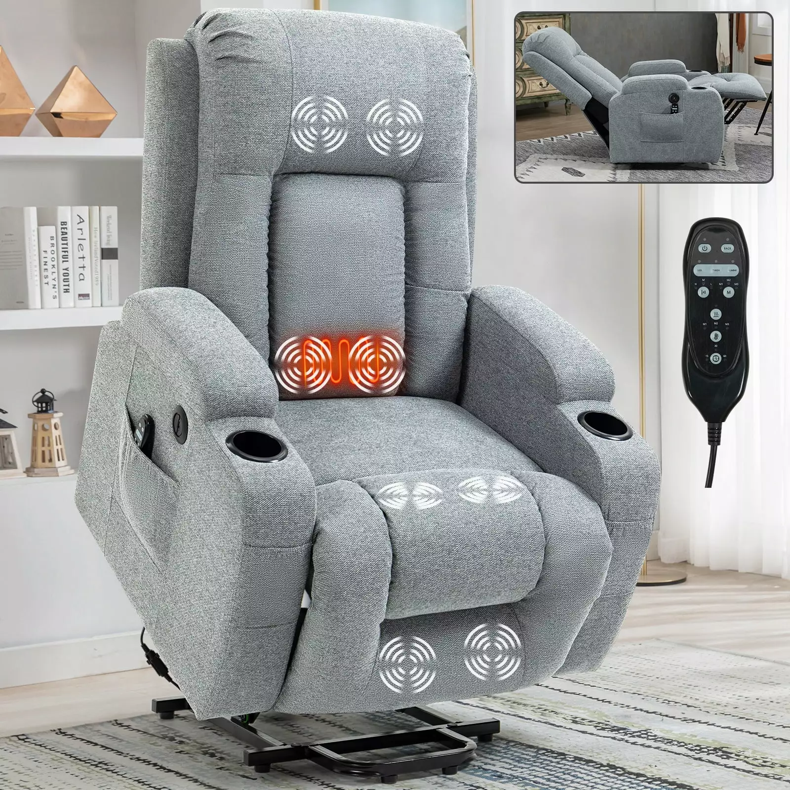 Miekor Infinite Position Okin Motor Power Lift Recliner Chair 8-Point Massage and Lumbar Heating Gray