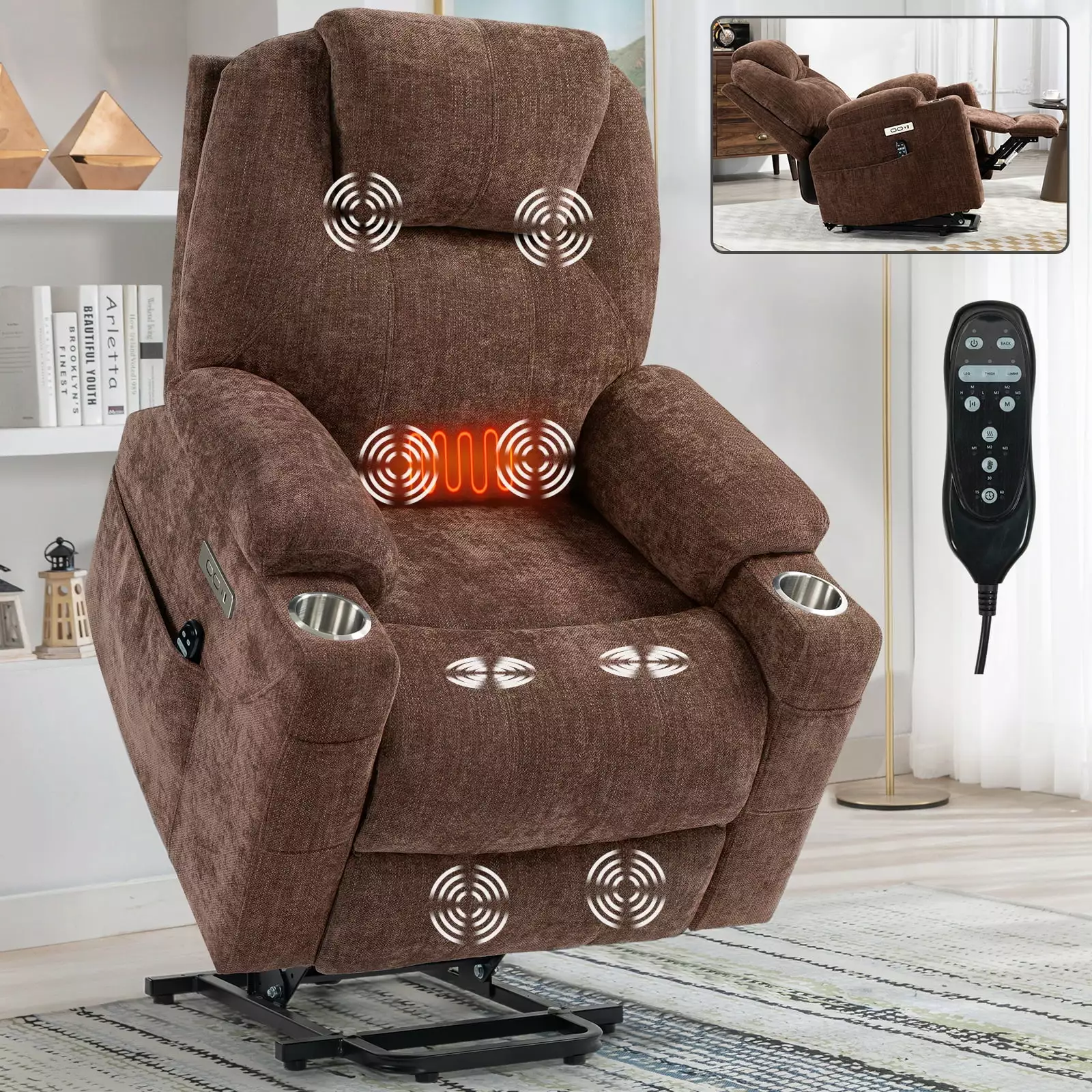 Okin Motor Power Lift Recliner Chair 8-Point Vibration Massage and Lumbar Heating - Brown Chenille Fabric SHNHYF