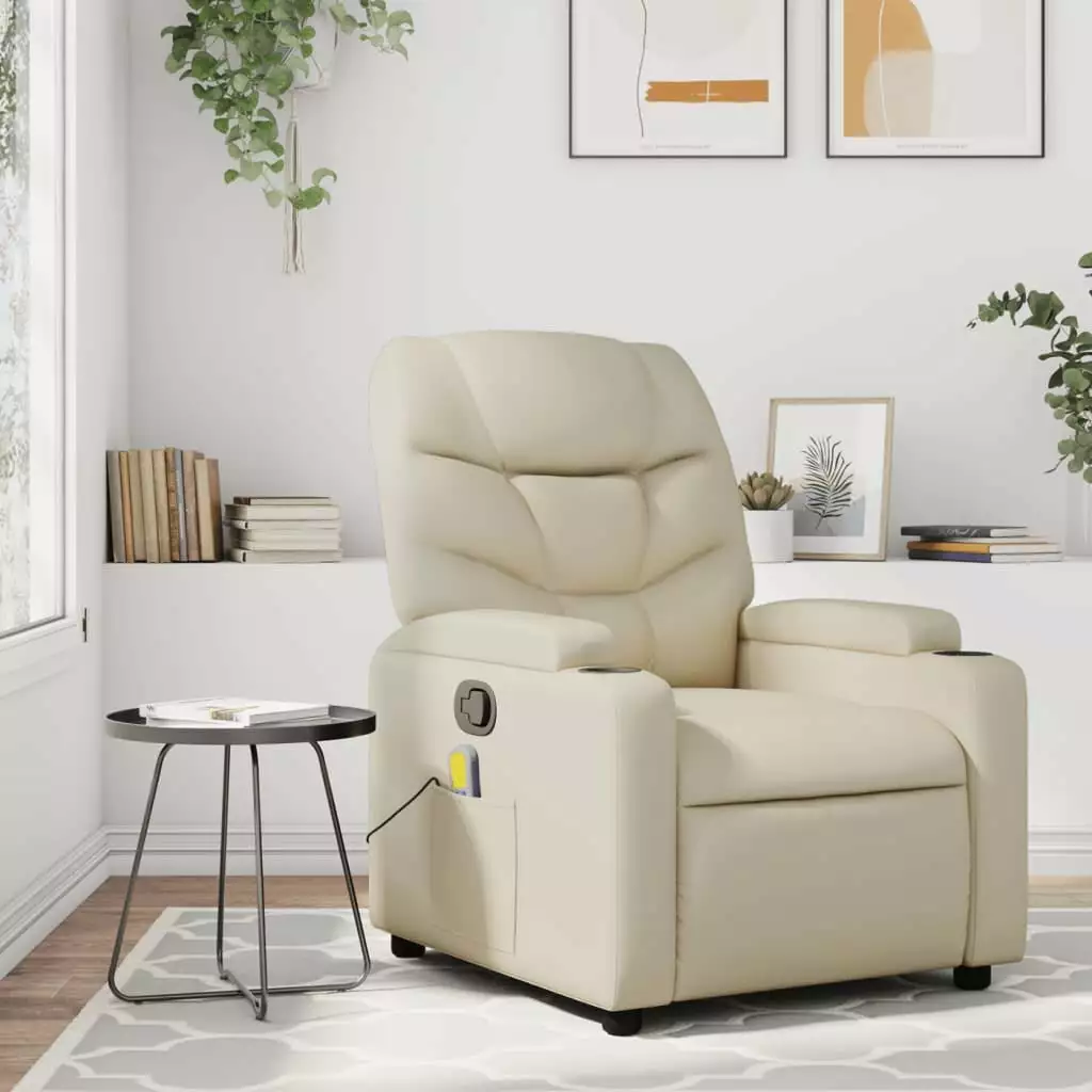 vidaXL Cream Faux Leather Massage Recliner Chair Heating and Vibration