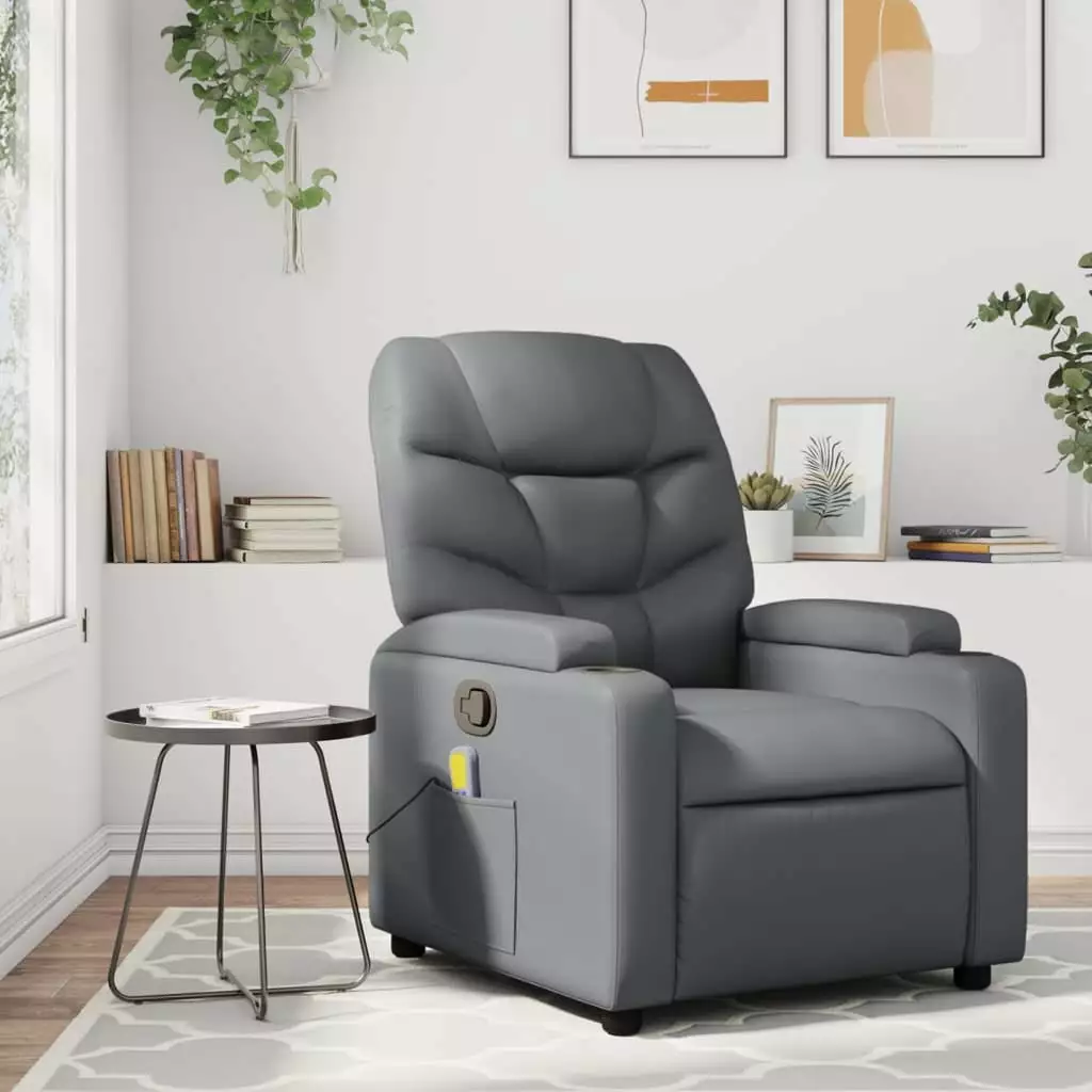 vidaXL Gray Faux Leather Massage Recliner Chair Living Room Comfortable Sofa