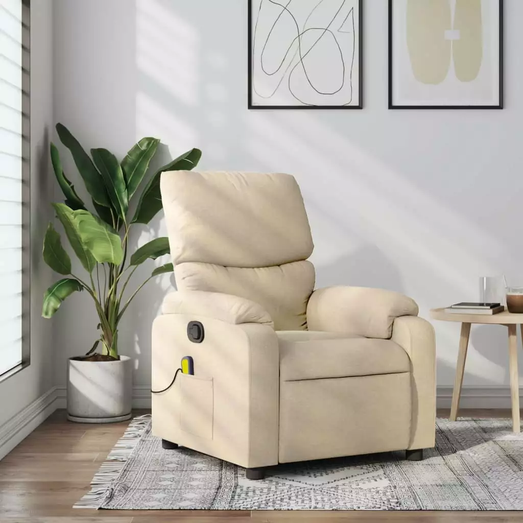 vidaXL Massage Recliner Chair Cream Fabric Adjustable Footrest and Side Pockets