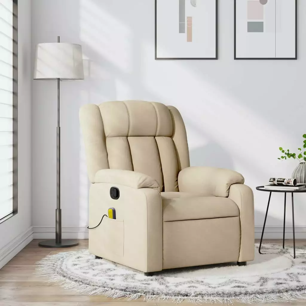 vidaXL Massage Recliner Chair Cream Fabric Adjustable Footrest and Side Pockets