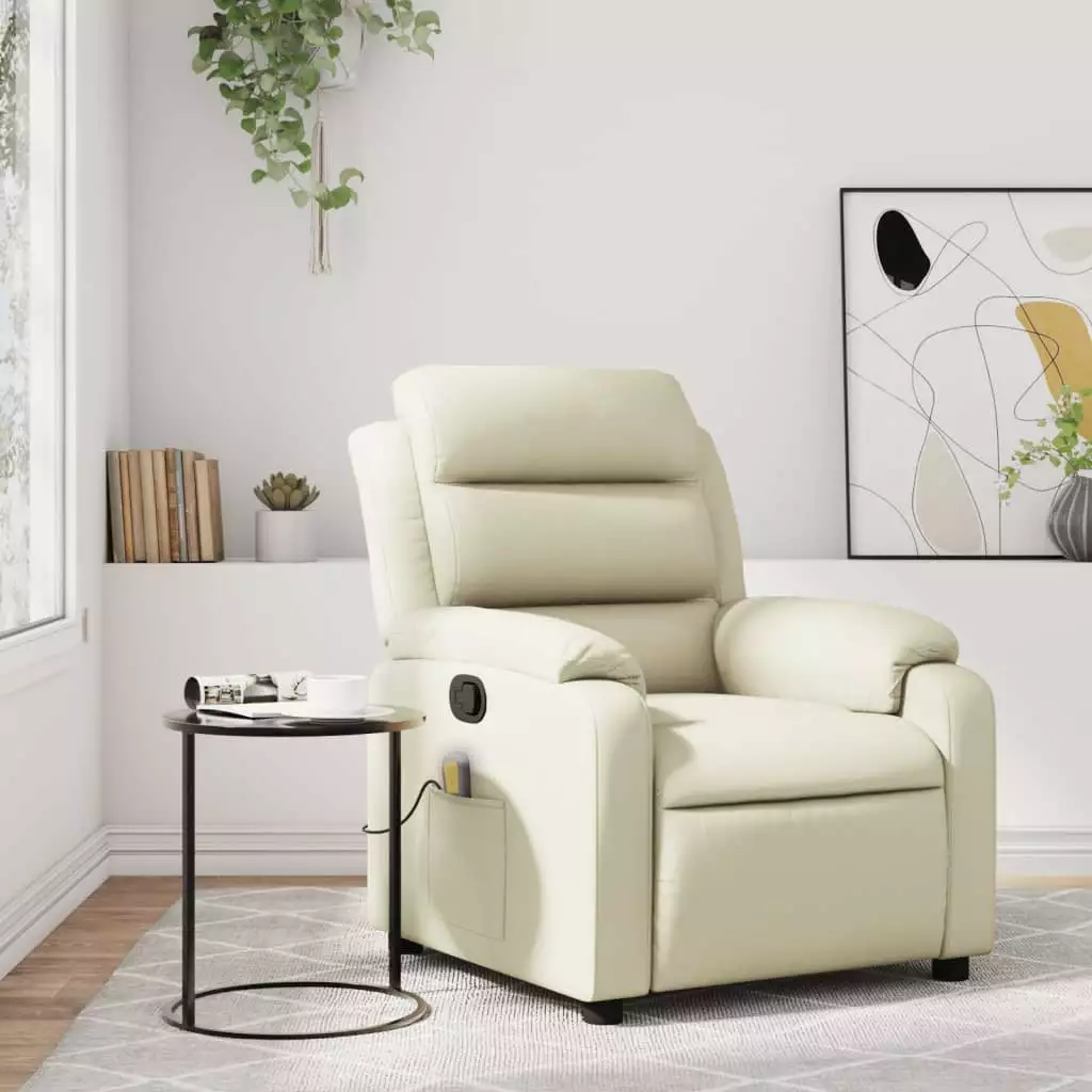 vidaXL Massage Recliner Chair Cream Faux Leather Comfortable Home Seat