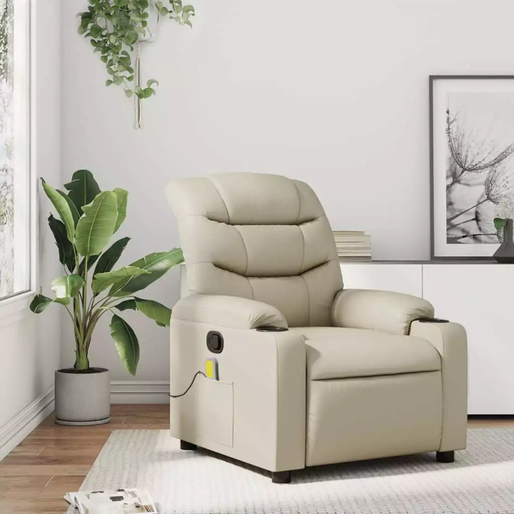 vidaXL Massage Recliner Chair Cream Faux Leather Heat Function