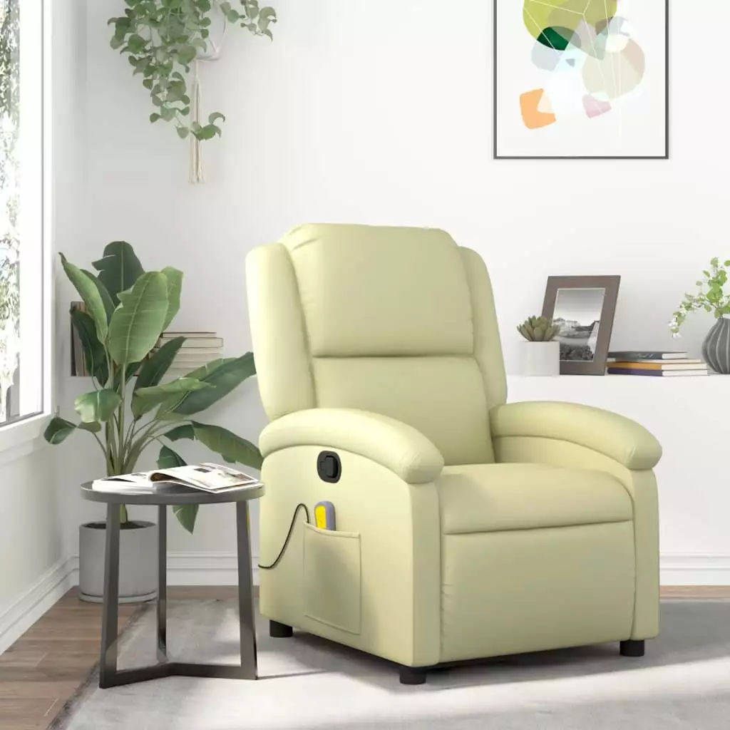 vidaXL Massage Recliner Chair Cream Real Leather Luxury Comfort