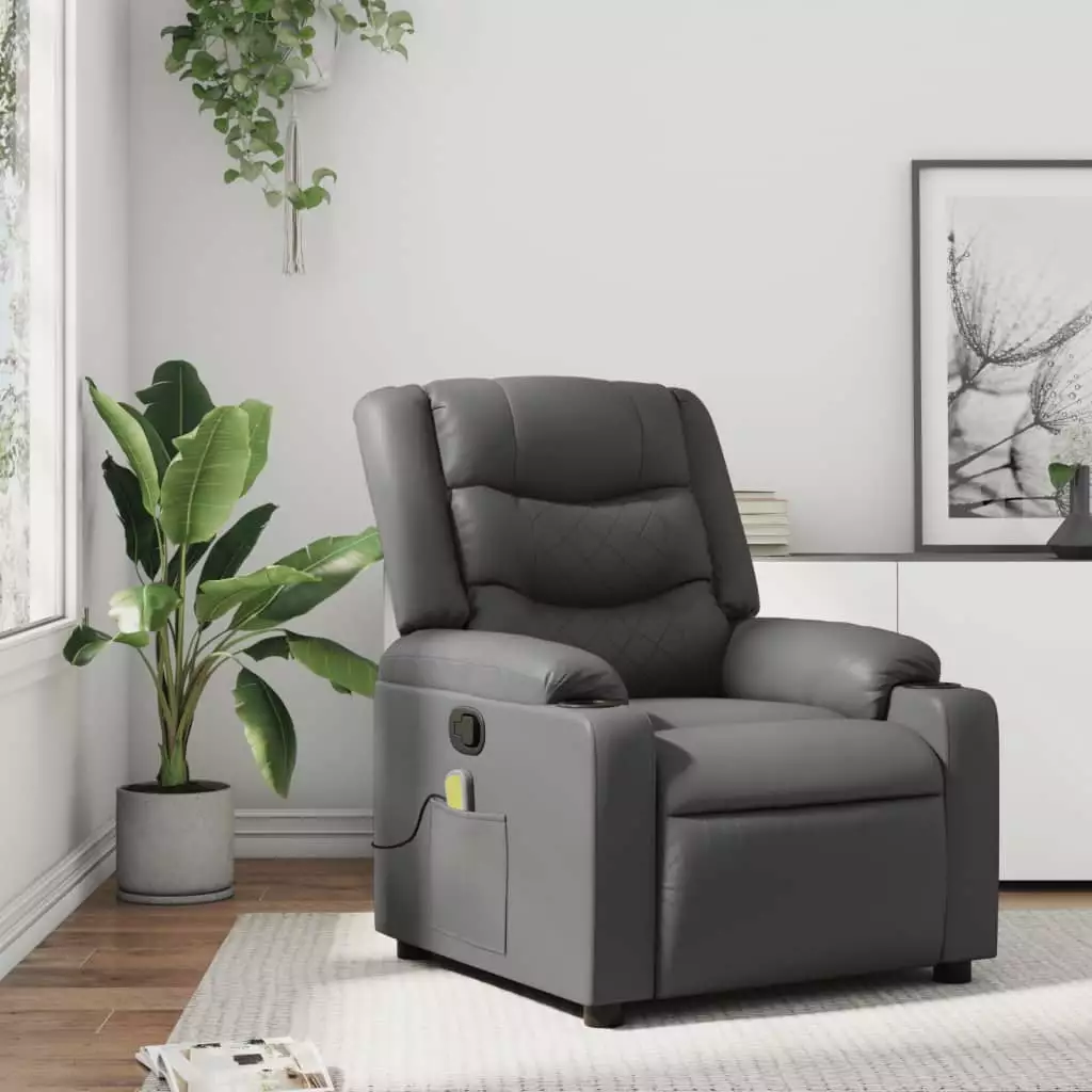 vidaXL Massage Recliner Chair Gray Faux Leather Comfortable Cushion