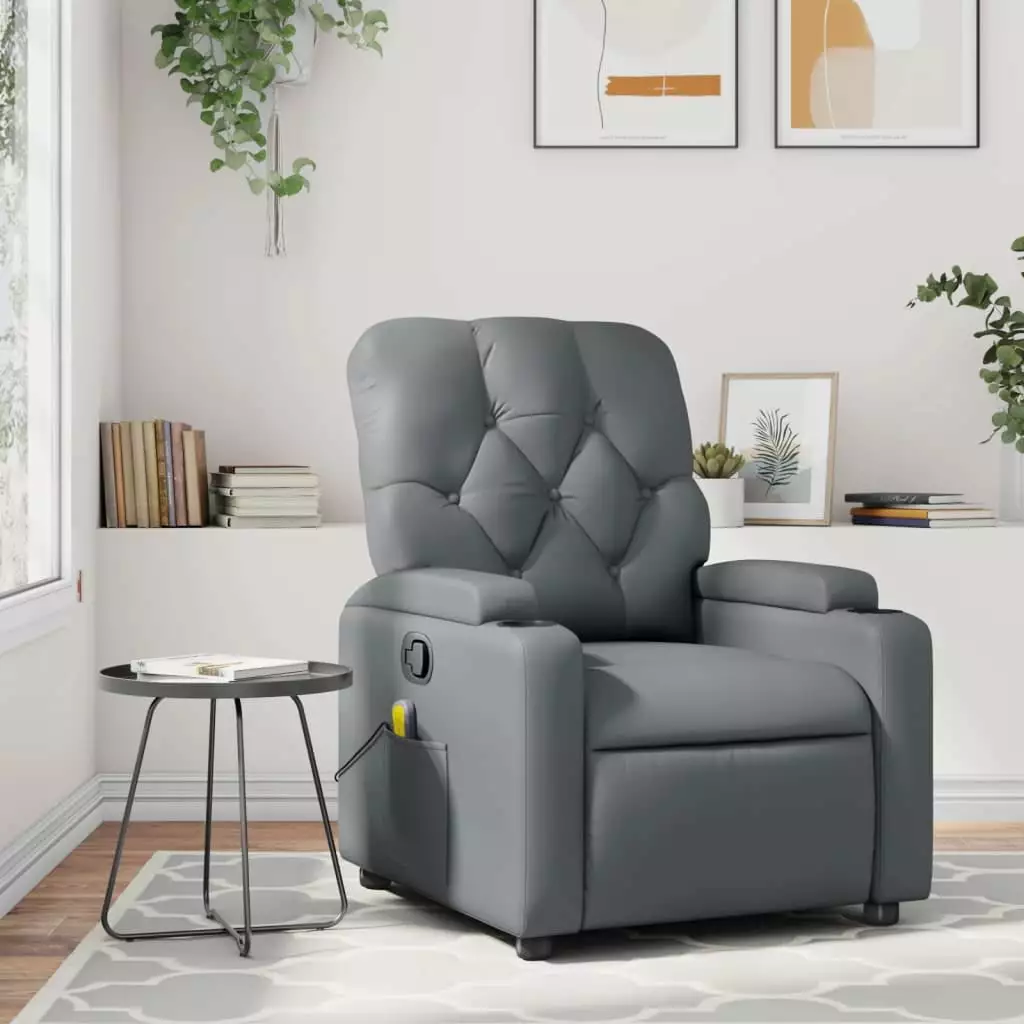 vidaXL Massage Recliner Chair Gray Faux Leather Relaxation Lounge Seat