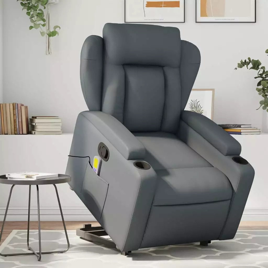 vidaXL Stand up Massage Recliner Chair Gray Faux Leather Power Lift and Heat Function