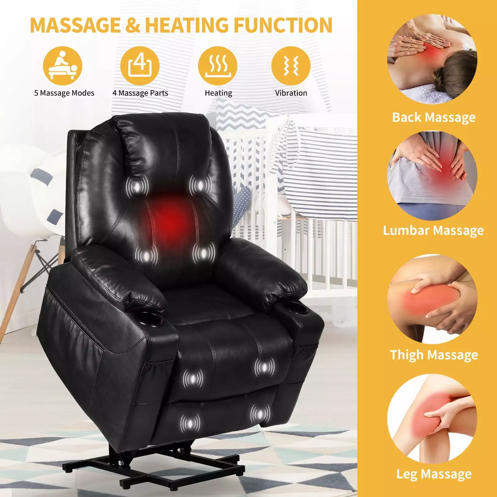 ZGBY Massage Recliner Chair Power Lift Black Faux Leather Sofa Heated Vibration ZGBY Home Products