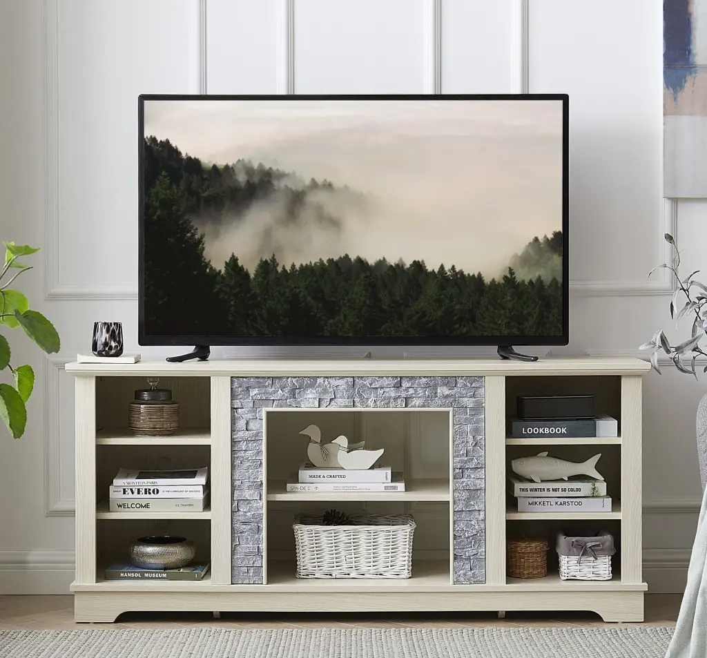 Mantel Stone TV Media Stand Faux Stacked Stone Surround Modern Design rnb
