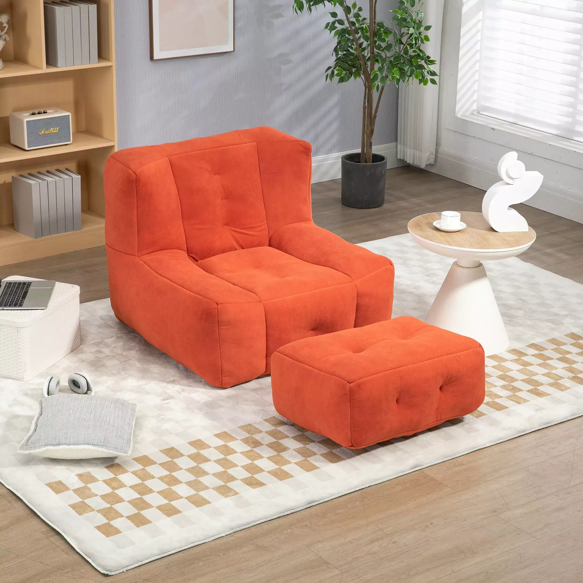 Fluffy Orange Bean Bag Chair Memory Foam and Ottoman - Comfortable Adults and Kids HOMXIAOWO