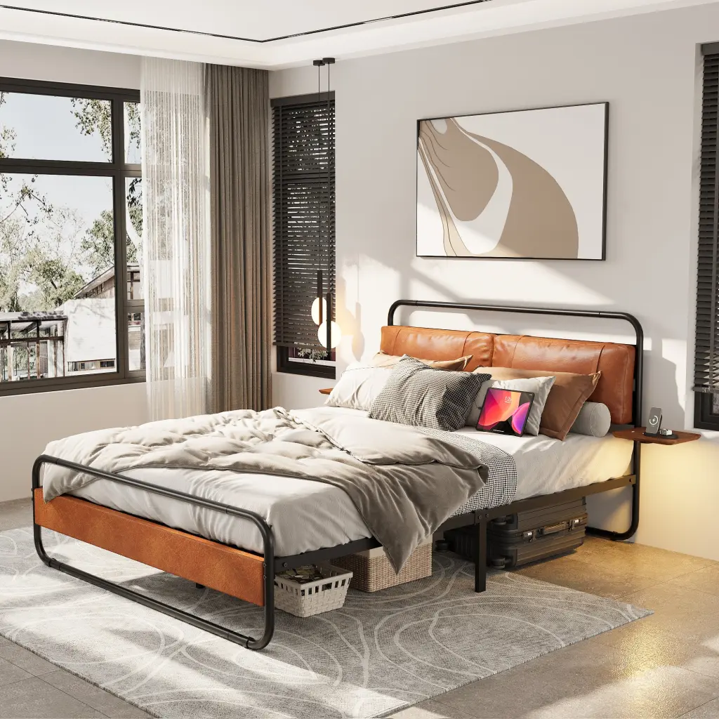 Queen Size Metal Bed Frame Upholstered Headboard and Wireless Charging jhomier furniture