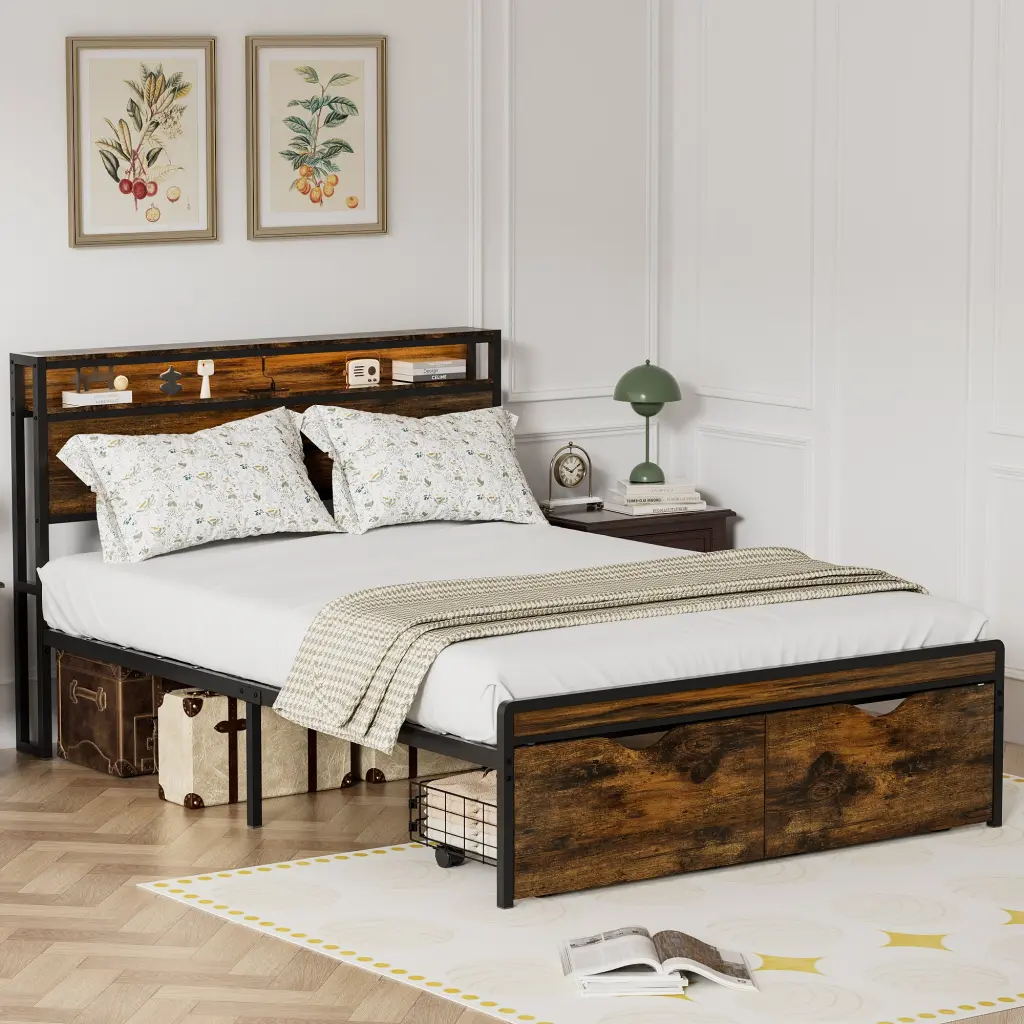 Full Size Metal Bed Frame Drawer Black Heavy Duty Mattress Foundation rnb