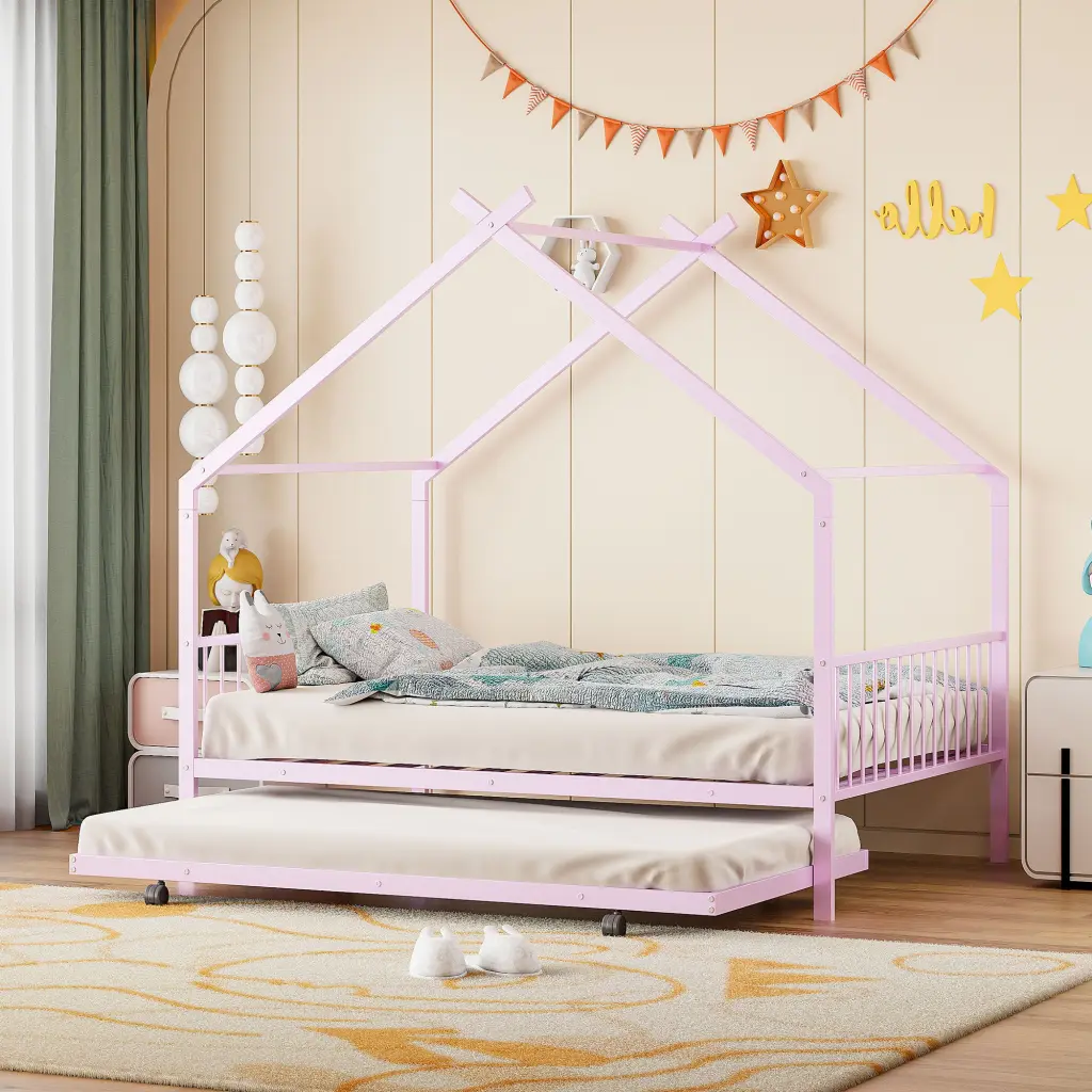 Full Size Metal Houtilize Bed Twin Size Trundle Pink Full Pink Metal Frame lucky world