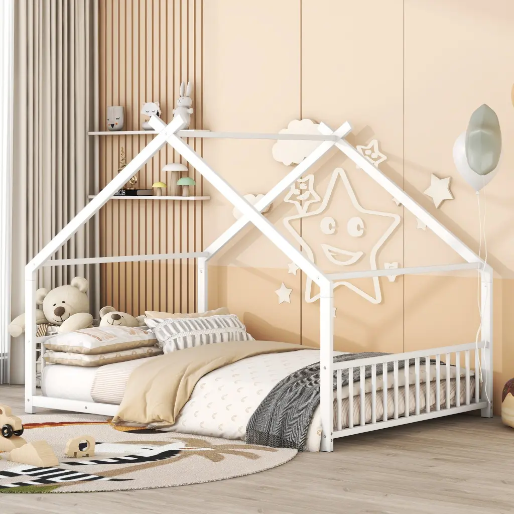 Full Size White Metal House Bed Frame Kids and Adults lucky world