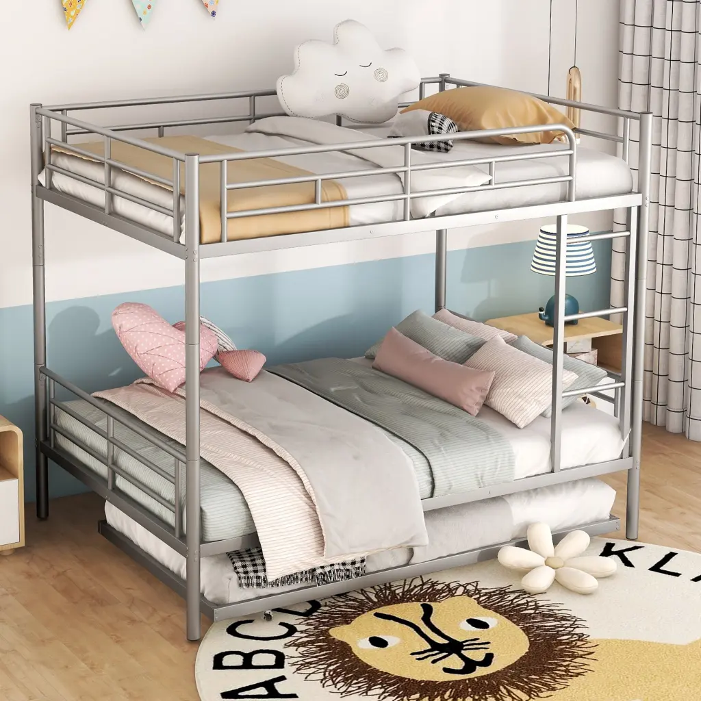 Full Over Full Metal Bunk Bed Trundle Silver Iron lucky furniture