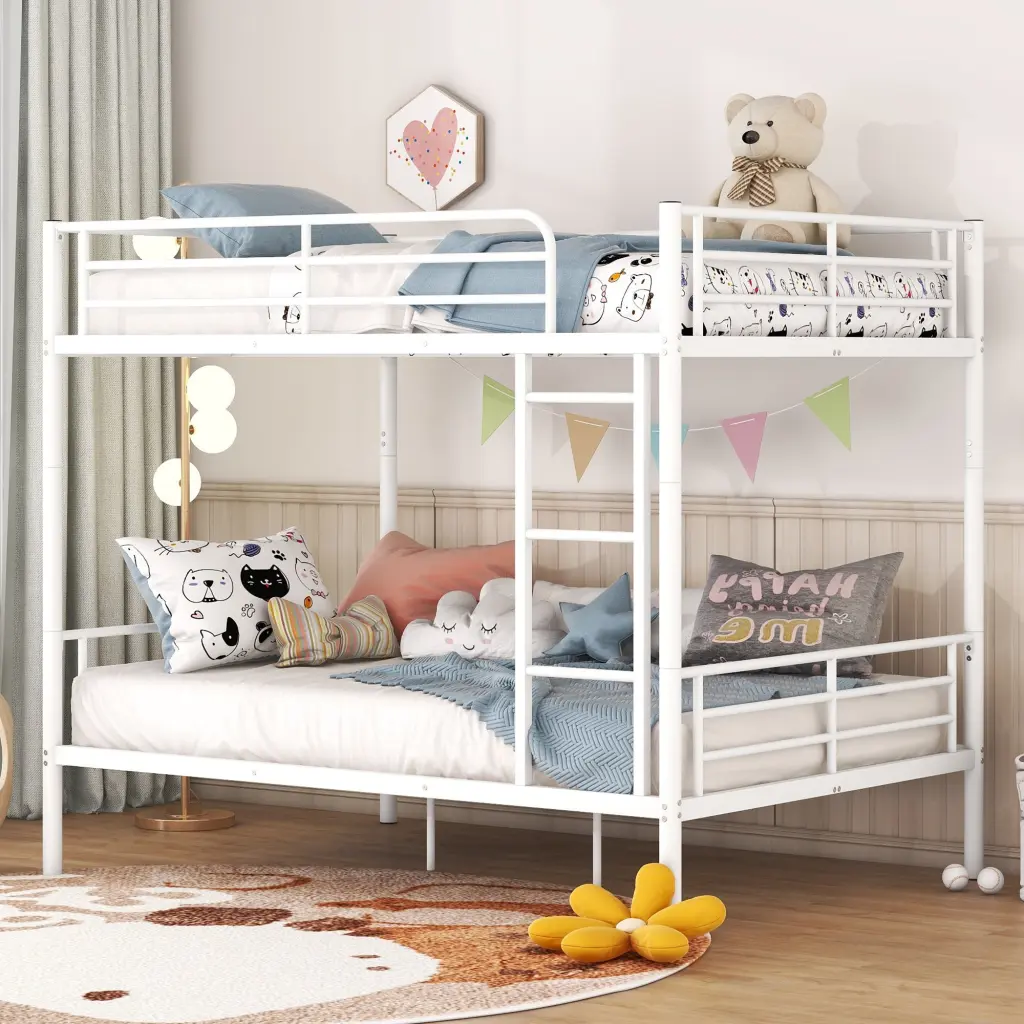 Full Over Full Metal Bunk Bed White Iron lucky furniture