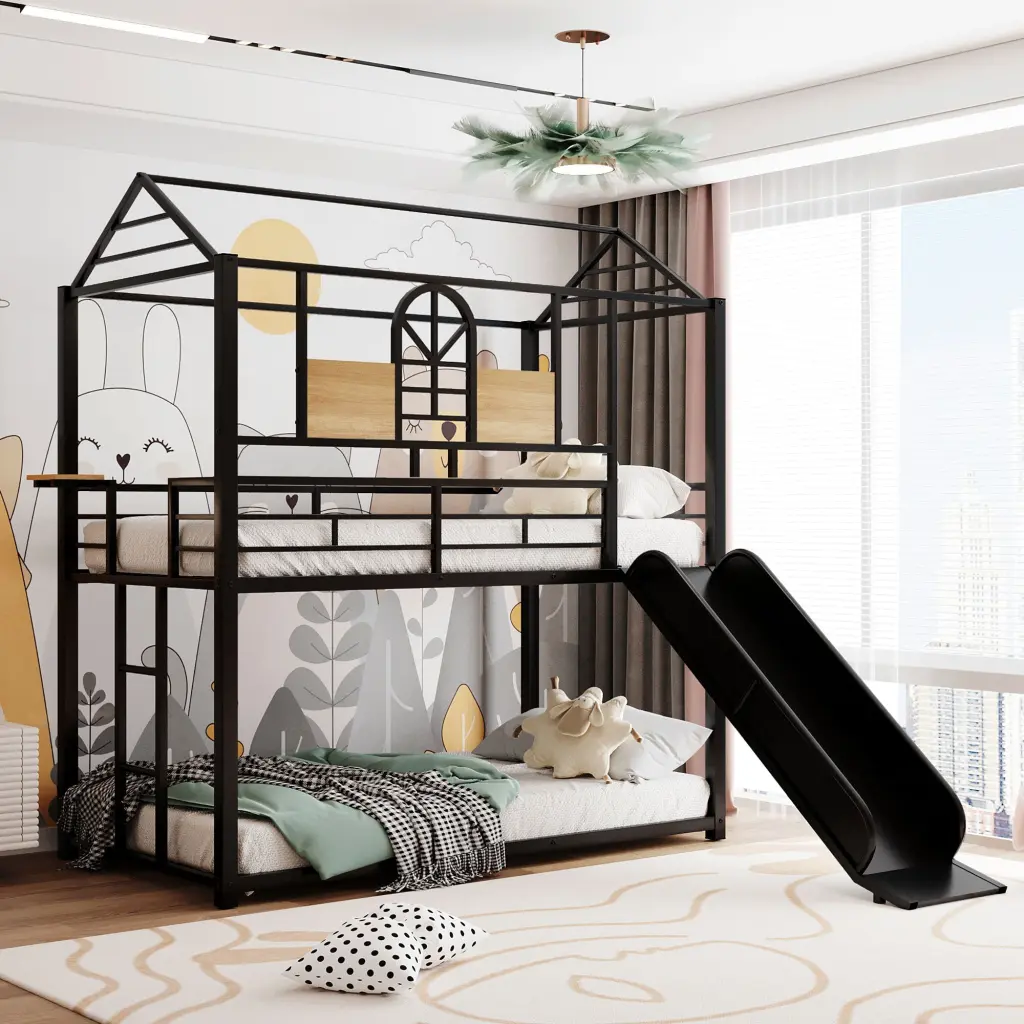 Twin Over Twin Metal Bunk Bed Slide Three Colors lucky furniture