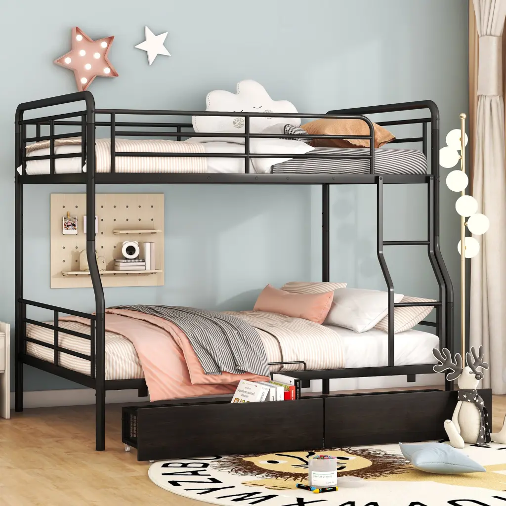 Full XL Over Queen Metal Bunk Bed 2 Drawers Black Iron Space Saving Bed Frame lucky world
