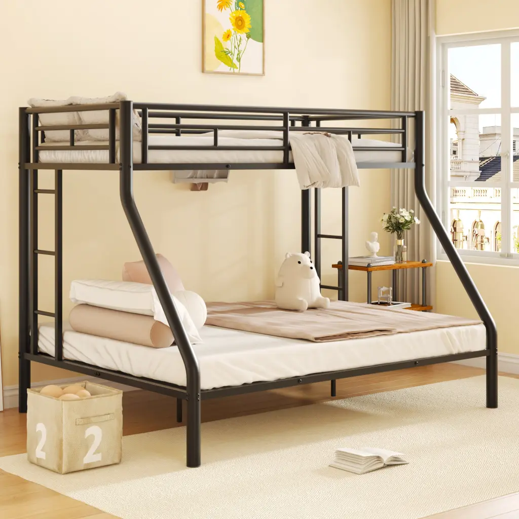 Twin XL Over Queen Metal Bunk Bed Ladder And Guardrails Black wm dreamland