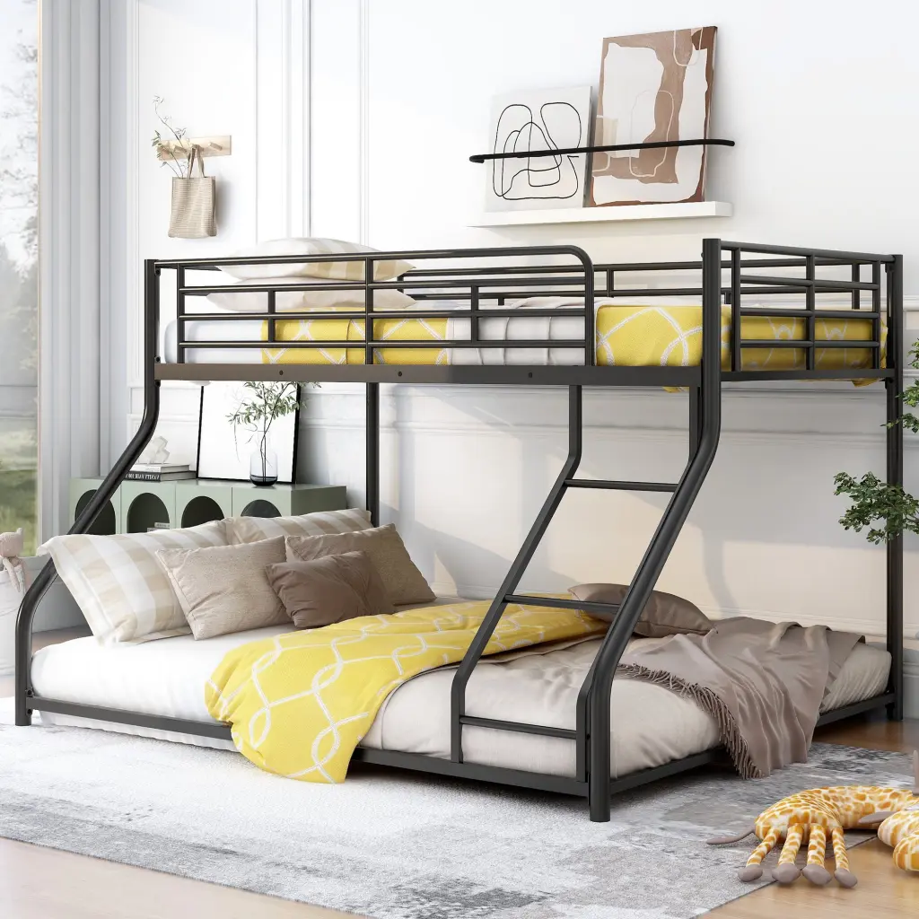 Metal Floor Bunk Bed Twin XL Over Queen Black Sturdy Frame wm store