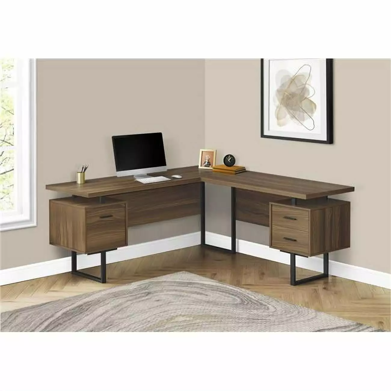 Monarch Specialties I 7610 70 . Walnut & Black Metal Left & Right Face Computer Desk - Large Office Desk