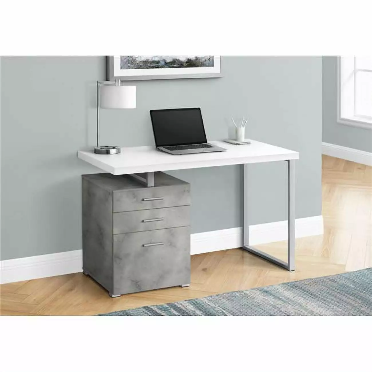 Monarch Specialties I 7648 48 Left Right Metal Computer Desk White Concrete Silver