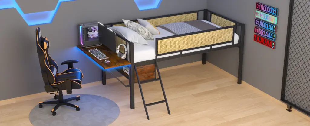 Single Metal Loft Bed Rectangular Desk and LED Lights Modern Bedrooms chuangyuan wood industry