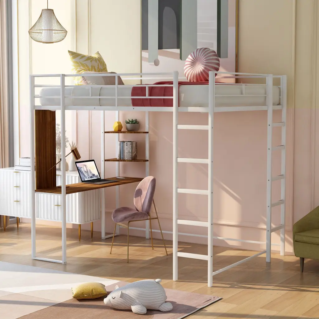 Full Size White Metal Loft Bed 2 Shelves and Desk Space Saving lucky furniture
