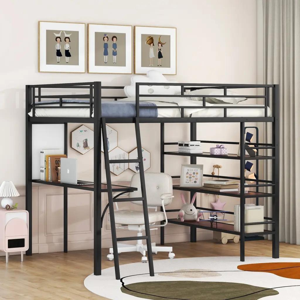 Full Size Loft Metal Bed 3 Layers Shelves And Desk Chic Me lucky world
