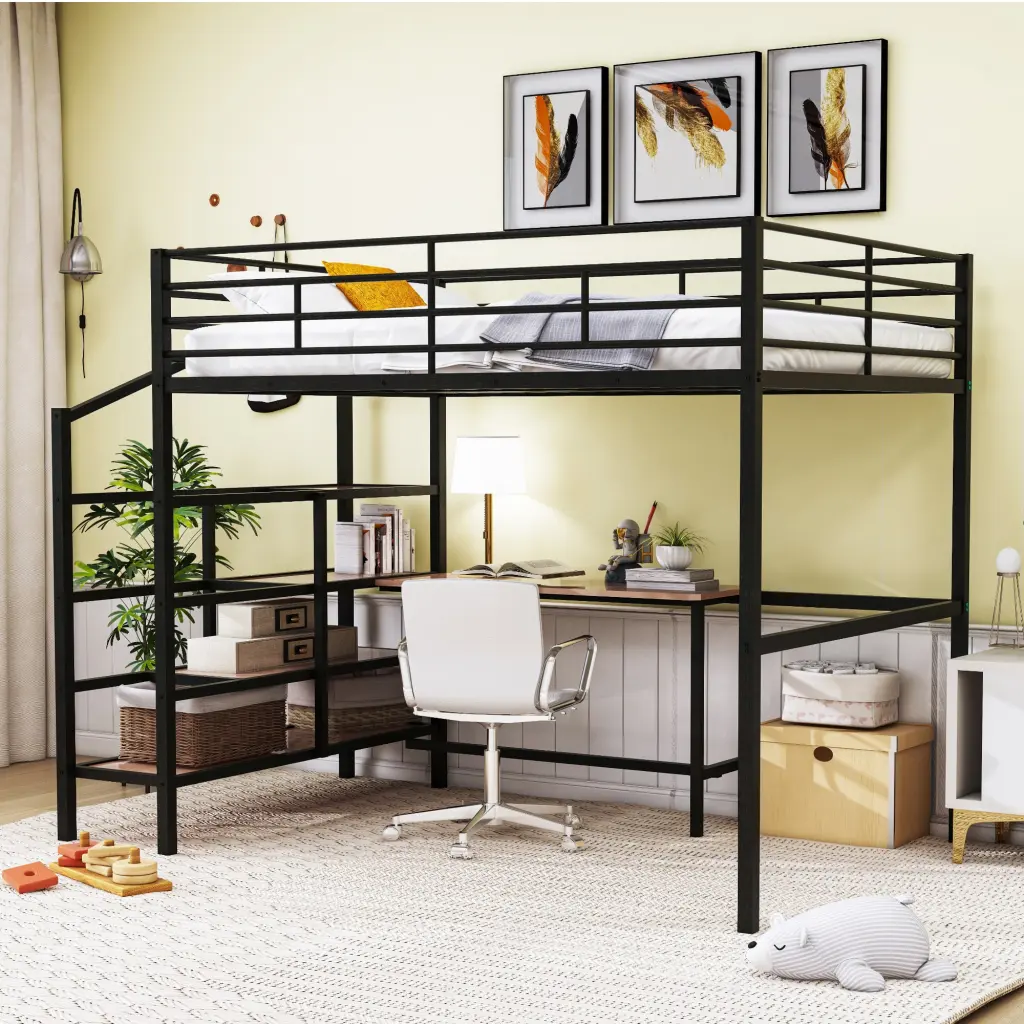 Full Size Metal Loft Bed Desk And Lateral Storage Ladder Black lucky world