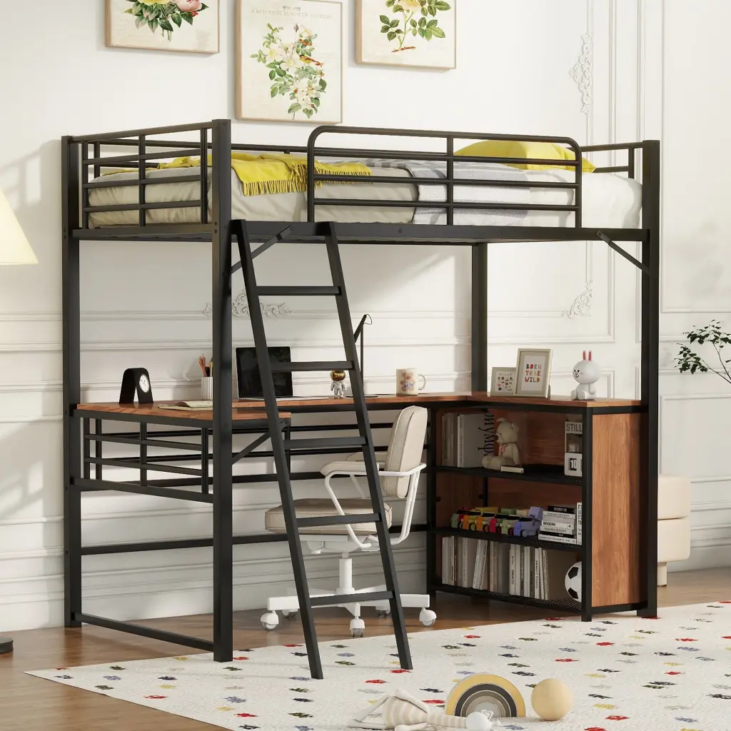 Twin Size Metal Loft Bed 3 Layers Shelves And Desk lucky world