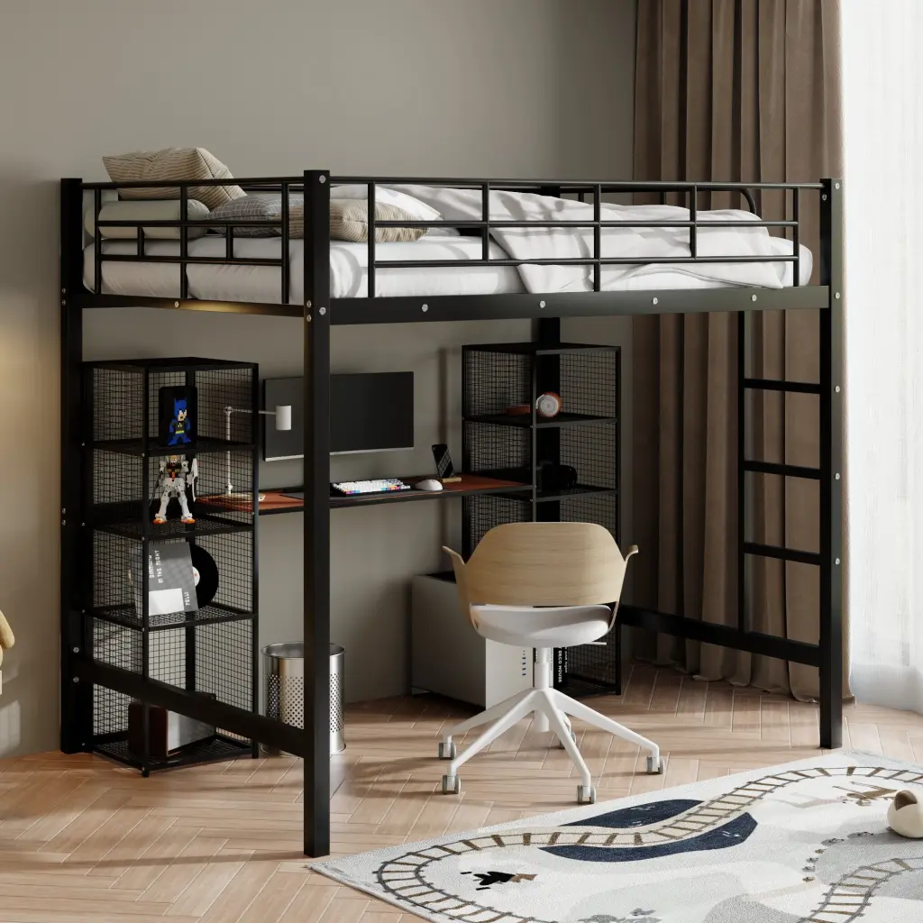 Full Size Metal Loft Bed Constructed Desk And Shelves Black Brown Bunk Bed wm dreamland