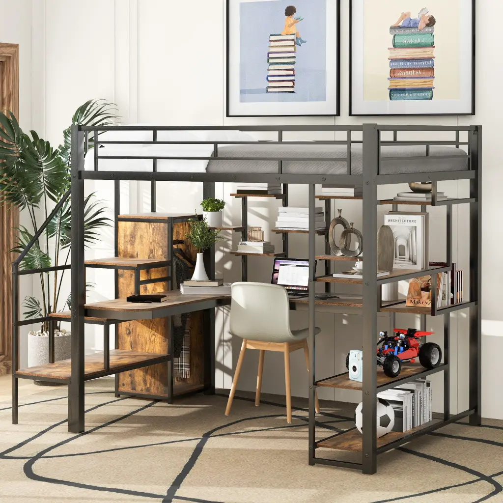 Full Size Metal Loft Bed Storage Staircase And Small Wardrobe wm dreamland