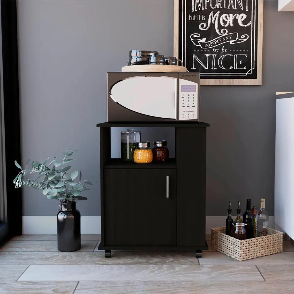 Correy 4-Shelf Microwave Cabinet Caster Black Wengue Particle Board furniture max